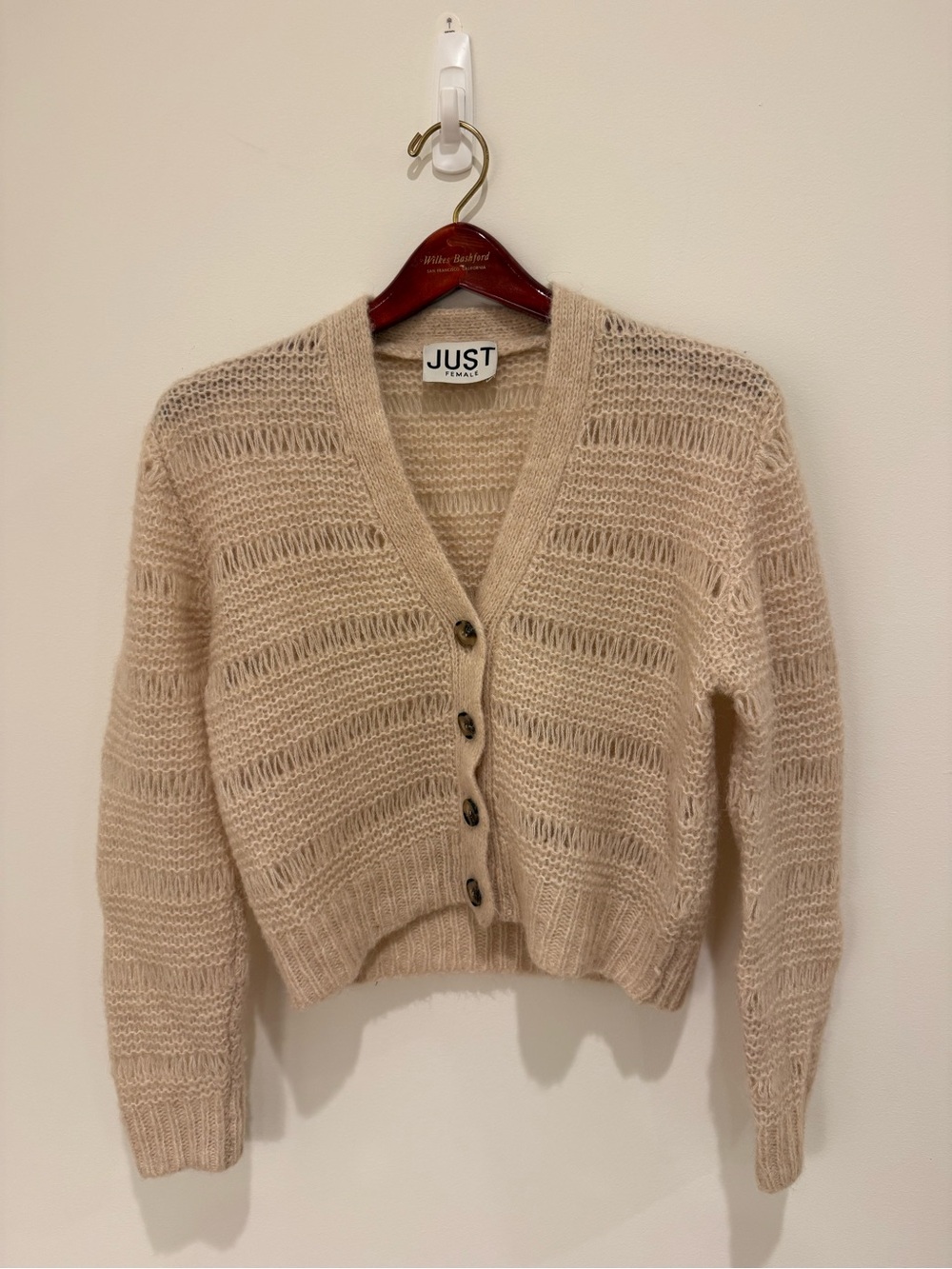 Just Female Soft Cream Open-Knit V-Neck Button Cardigan